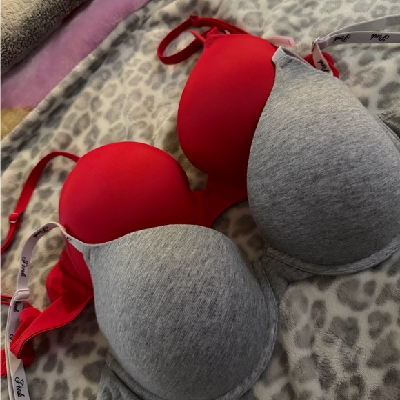VS PINK Grey Cotton Logo & Red Lightly Lined T Shirt Bra Set size 36D - Picture 2 of 4
